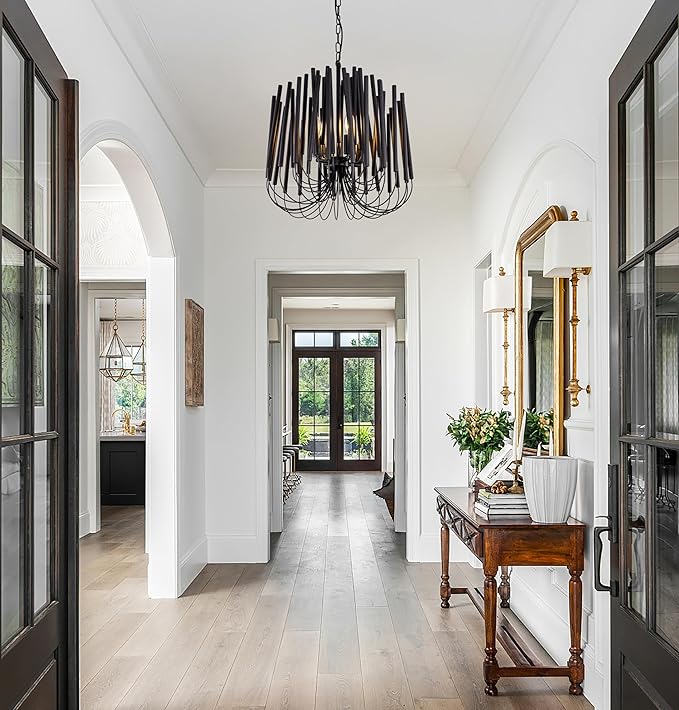 TOCHIC Modern Farmhouse Chandelier for Dining Room 18", Small Vintage Black Wood Chandeliers Light for Living Room, Rustic Pendant Lighting Fixture Ceiling Hanging for Foyer Bedroom Entryway