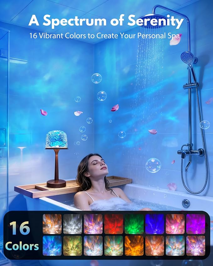 Shower Lamp - Waterproof Bathroom Lamp with 16 Color Ocean Wave Projector, Cordless Light for Inside Shower/Bathtub Bedroom Living Room Kitchen Decor (Walnut Grain)