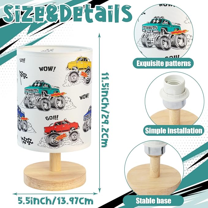 Construction Truck Table Lamp for Kids Bedside Lamp with Linen Wooden Nightstand Cartoon Nursery Lampshade for Bedroom Desk Birthday