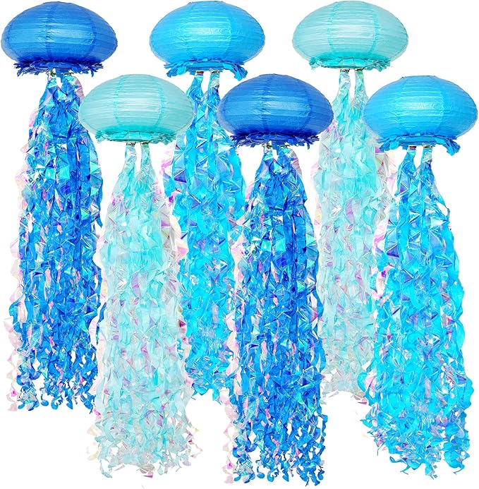 10" Blue Jellyfish Paper Lanterns - Under the Sea Birthday & Mermaid Party Decorations, Ocean and Beach Theme Indoor Outdoor Hanging Decor, Baby Shower, Nautical Events (Set of 6)