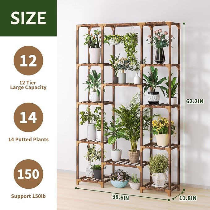 Plant Stand Indoor Outdoor, Tall Plant Shelf for Multiple Plants, 12 Tiers Large Plant Rack Wood Plant Holder Plant Shelves for Room Corner Balcony Garden Patio