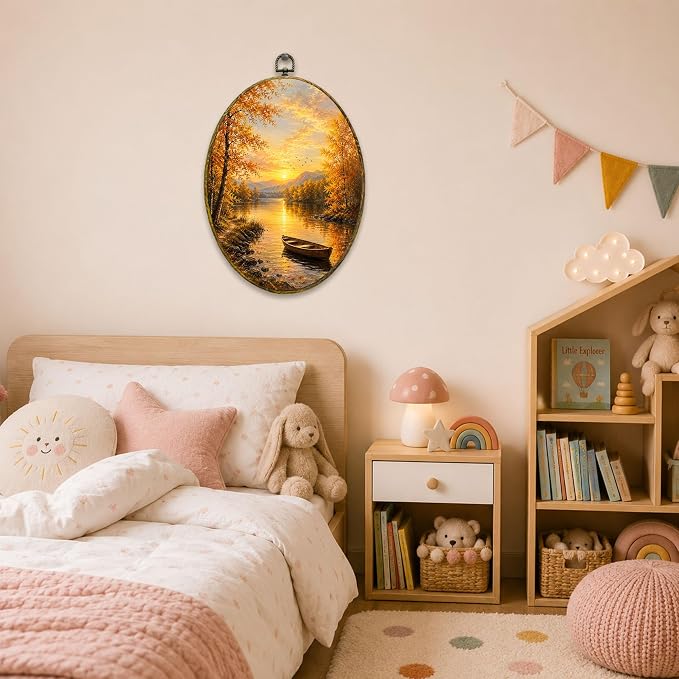 Fall Lake Oval Wall Art, Framed Canvas Decor, 8.5x11.5 Inch | Autumn lake sunset, wooden boat, mountain view and golden trees farmhouse decor