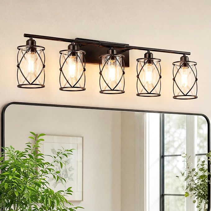 5-Light Oil Rubbed Bronze Bathroom Light Fixtures Over Mirror, 38" UL-Listed Modern Farmhouse Wall Sconce Lights with Clear Glass and Metal Cage for Bath, Hardwire E26, CH9176ORB-5W