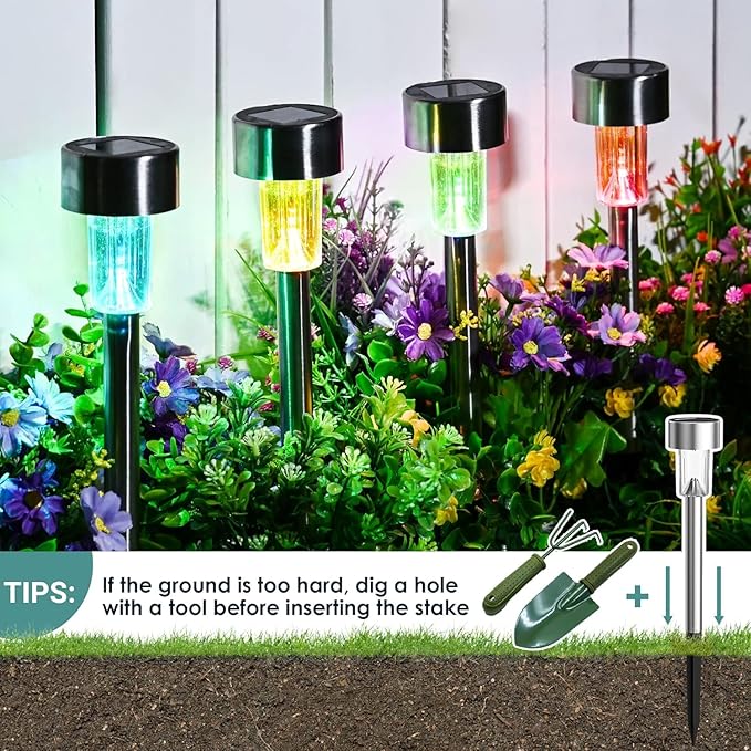 GIGALUMI Solar Garden Lights Outdoor, 12 Pack 6-Color, IP65 Waterproof Decorative Pathway Lights, Stainless Steel LED Landscape Lighting for Yard, Lawn, Walkway