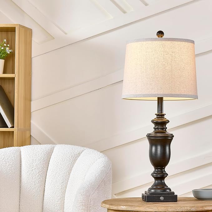SAIWEYA 27.5" Set of 2 Farmhouse Table Lamps for Bedroom with AC Outlet | USB A+C Ports, 3 Way Dimmable Touch Control , Nightstand Lamps for Bedside, LED Bulb Included