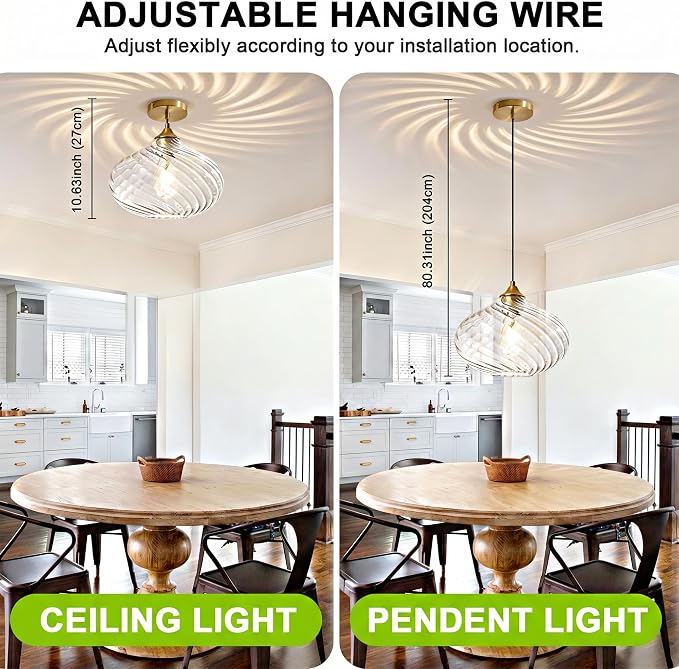 11in Gold Pendant Lights Kitchen Island with Clear Glass Shade 2Pack | Handcrafted Glass Pendant Light Fixtures, UL Certified, E26 Base 100W Max, Height-Adjustable, Dimmable Hanging Pendant Light