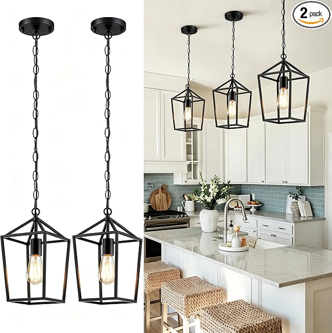 Sheetea 2 Pack Pendant Lights Kitchen Island, Modern Black Light Fixtures | Farmhouse Design, Ceiling Hanging Height Adjustable, Durable Metal, Quick & Easy Installation, Small Pendant Lighting