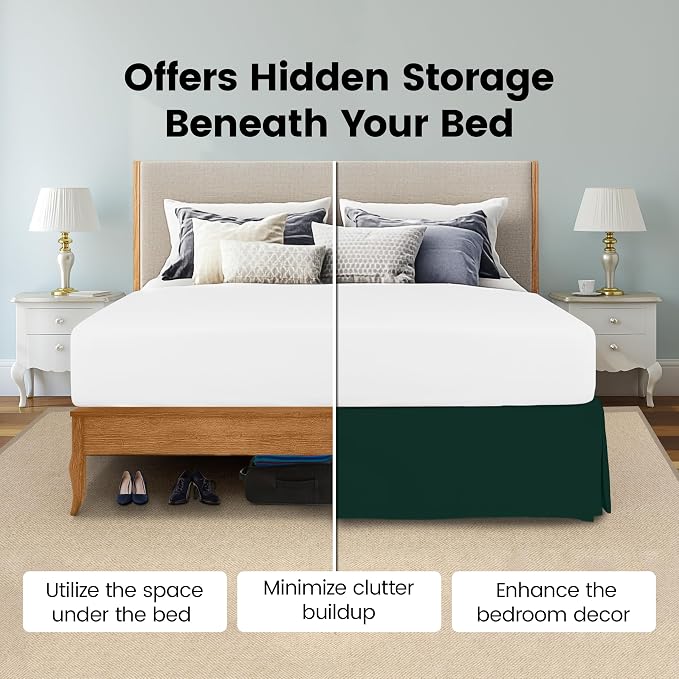 Queen Bed Skirt, Hides Under-Bed Storage 16 Inch Drop, Pleated, Emerald | Easy Fit Design, Shrinkage & Fade Resistant, Hotel Style, Microfiber Durable Fabric, Machine Washable