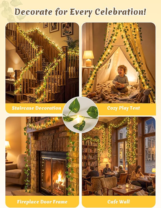 YOUNGAR Pothos Vines with Fairy Lights,Battery/USB Operated Leaf String Warm White Lights,23FT 73LED vine lights with Remote for Bedroom Garland Wedding Birthday Garden Party Wall Room Headboard Decor