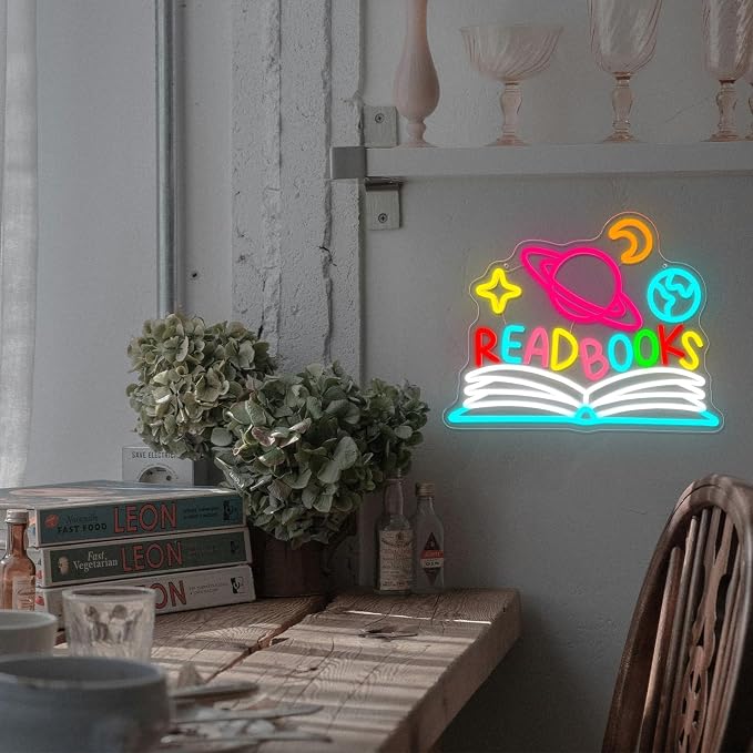 Read Books Neon Sign Dimmable Planet and Book Neon Light for Wall Decor | USB Powered Read LED Neon Signs for Classroom Reading Room Bookstore Library Bedroom Study Room Bookish Decoration for Teens