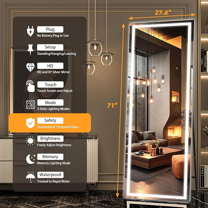 Hasipu Full Length Mirror with Lights, 71" x 27.6" LED Lighted Floor Standing, Full Body Dressing Hanging Mounted Mirror, Tempered Glass, Square Black