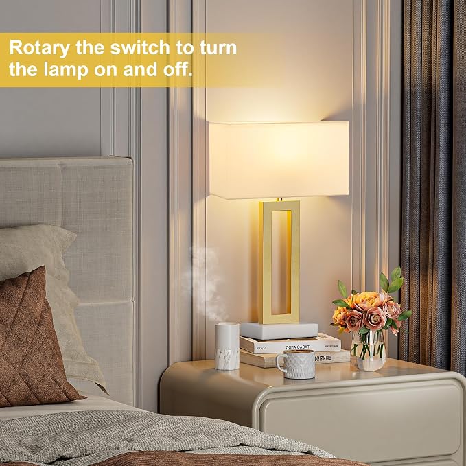 Seealle 22" Tall Bedroom Lamps for Living Room - Gold Bedside Lamps with Marble Base, Lamp for Nightstand with Knob Switch, Modern Night Stands Lamps for End Tables(White&Gold&Marble)