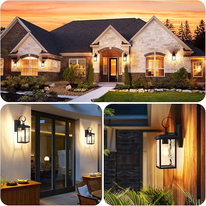 2-Pack Outdoor Wall Light Fixtures with Water Ripple Glass, Black | Waterproof, Rust-Resistant, Durable Metal, Standard E26 Socket, Easy to Install