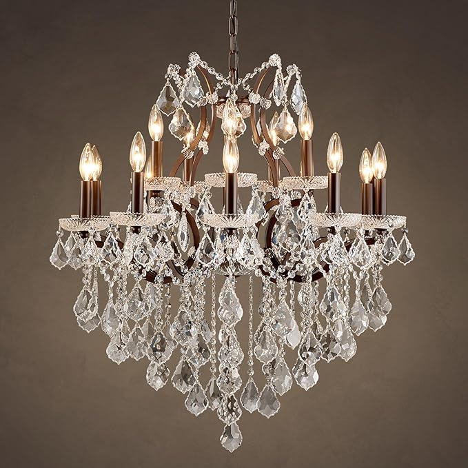 15 Lights Crystal Chandeliers for Dining Room Maria Theresa Chandeliers Vintage Pendant Light Fixture Living Room Bedroom Entryway Kitchen Brown 31.5" H x 30.7" D