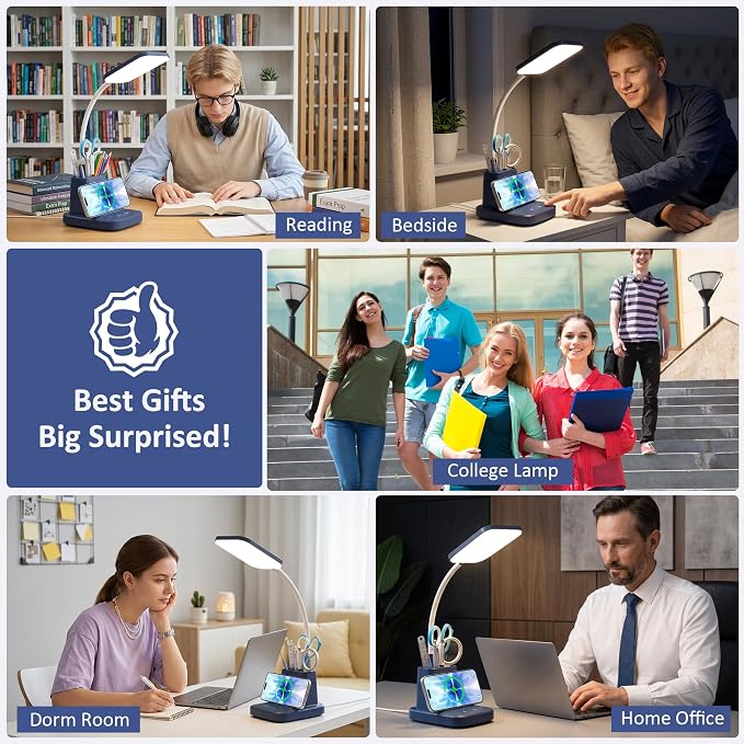 LED Desk Lamp with 10W Wireless Charging & Pen Holder, Navy Blue | CRI 95, 800LM, Stepless Dimming, 3 Modes, 360°Flexible Arm, Touch, Study Table Lamp for Home Office, Dorm Room, with Adapter