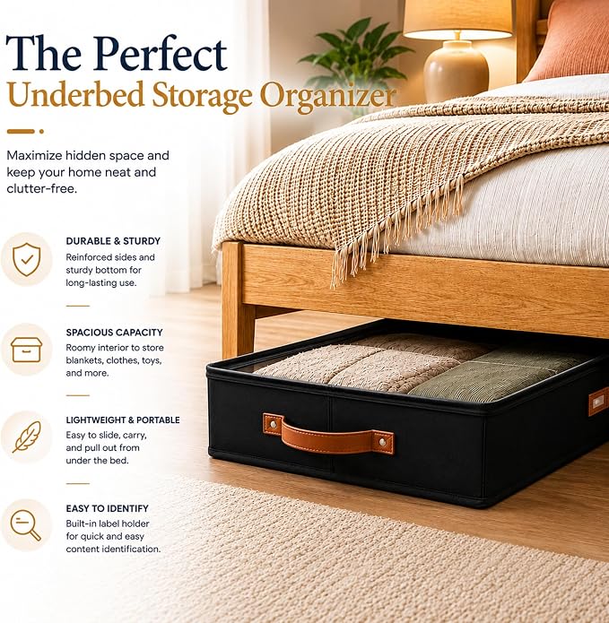 Under Bed Storage, Low Profile 2pc with Lid, Black | Slim fit for low-clearance beds & couches, Fits seasonal clothes, blankets & shoes, Bins with lids, Space-saving storage