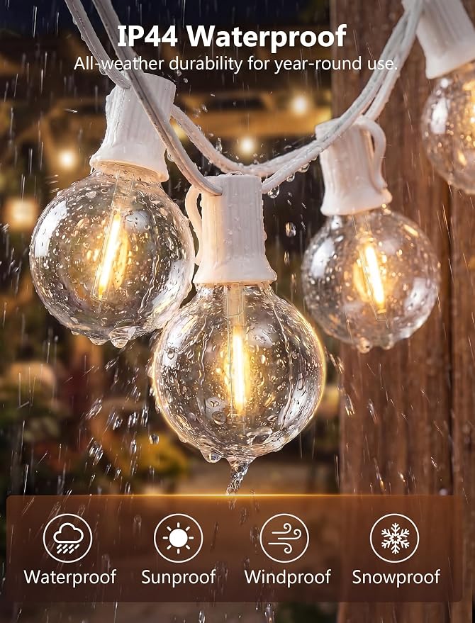25Ft G40 LED White Outdoor String Lights with 27 Shatterproof Globe Bulbs | IP65 Waterproof Patio Lights Plug In, 2700K Warm White, Connectable Hanging Outdoor Lights for Backyard Wedding Party Bistro
