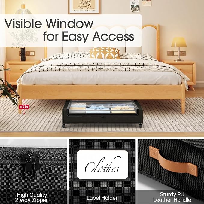 Yecaye Under Bed Storage with Wheels 60L, 2 Pack Under Bed Storage Containers, Underbed Shoe Storage with Clear Window & Label, Rolling Under Bed Metal Drawer for Clothes, Shoes, Books, Black