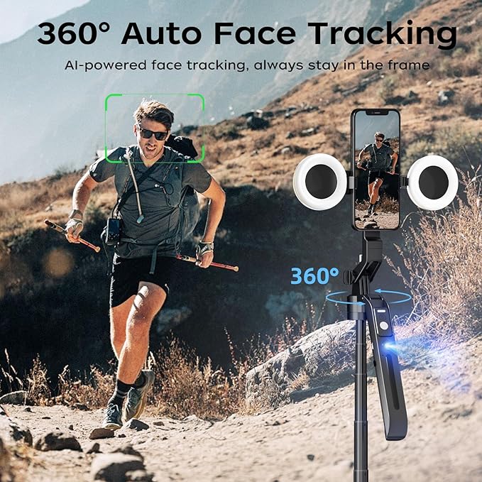 FUNSNAP 70.9" Auto Face Tracking Selfie Stick Tripod for iPhone Android with Lights, No App, 360°Rotation Tripod that Follows Your Movement with Remote Control for Live Streaming, TikTok, YouTube