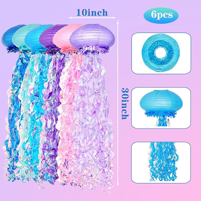 Hanging Jellyfish Lanterns Multi-Color 6 Pack - Ocean-Themed Decor for Under the Sea Mermaid Birthday Party Classroom & VBS Baby Shower Beach Theme