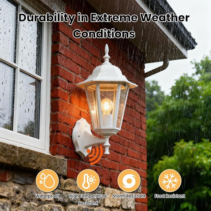 14.4"H Dusk to Dawn Outdoor Wall Light, White Exterior Garage Lighting Fixtures, Outdoor Porch Light Wall Mount, Modern Outside Wall Lantern Sconce Sensor Dusk Dawn Light for House, 2 Pack, E26 Base