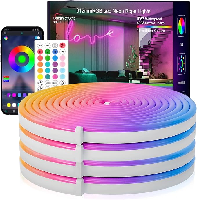 SILFU Neon Rope Lights, 100FT (2x50FT) RGB LED Strip Lights | Waterproof IP67 LED Lights for Bedroom, DIY Design, Music Sync, 44Key Remote Control, Multiple Modes for Bedroom,Decoration