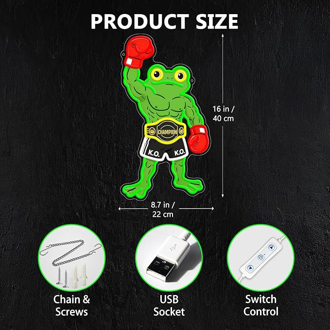 HAJAE Frog Neon Sign, Dimmable Boxing Frog Champion LED Light Wall Decor - Funny Muscular Frog Gifts for Men Boys Kids, Wrestling Birthday Party Decorations, Gym Man Cave Room Neon Light