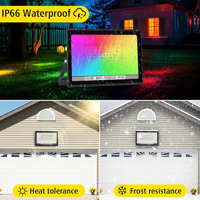 T-SUN RGB Flood Lights Outdoor, 1000W Equivalent Color Changing Landscape LED Light with APP & WiFi & Remote Control, Waterproof Floodlight with 16 Million Colors, Timing, Music Sync (100W-4Pack)