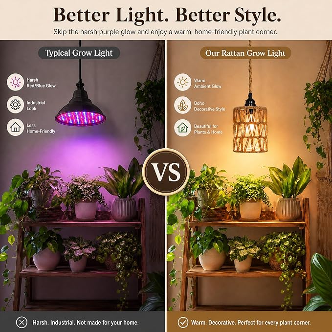 2 Pack Hanging Grow Lights for Indoor Plants Boho Rattan Plant Light | 15FT Power Cord with Timer, 15W Full Spectrum Pendant Plant Lights for Indoor Growing Greenhouse Flowers Home Decor