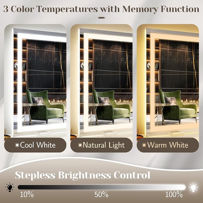 FENNIO Large Vanity Mirror with Lights，38" x 28" LED Makeup Mirror，Hollywood Mirror with 3 Color Modes & Adjustable Brightness，Vanity Mirror Square White