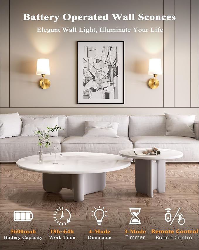 Battery Operated Wall Sconces Set of 2, Wireless Rechargeable Dimmable Wall Light with 5600mAh RGB Bulb and Remote for Bedroom, Living Room, Hallway, Gold, 13.5in
