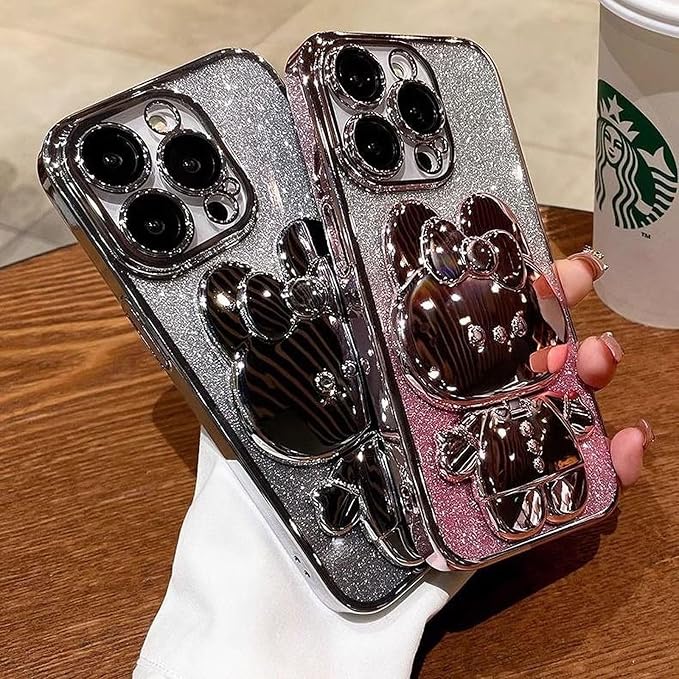 Kawaii Phone Case for iPhone 15 Plus with Cartoon Foldable Makeup Mirror Silicone Protective Case Cover for Women & Girl Pink
