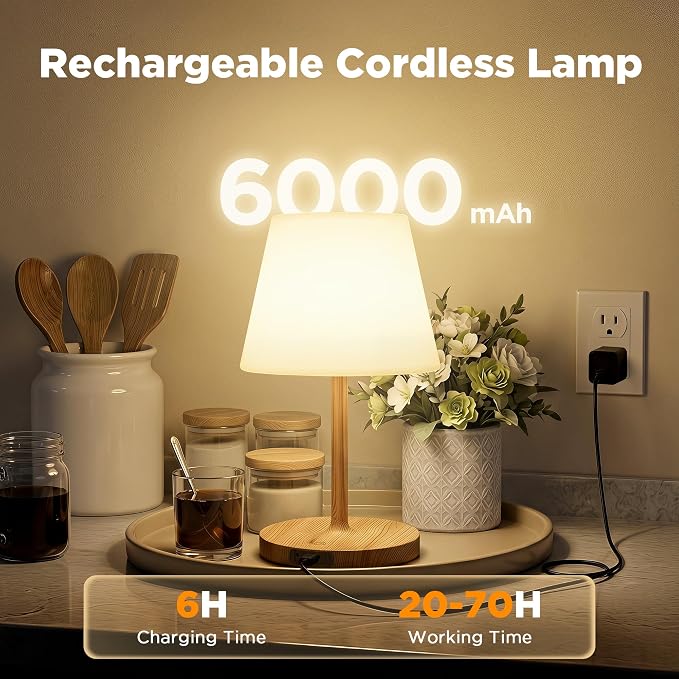LUTEC Shower Lamp Waterproof, 6000mAh Rechargeable Cordless Table Lamp with 3 Color Temps and Stepless Dimming, Touch Control & Portable LED Nightlight for Bathroom, Desk, Outdoor(Wood Grain)