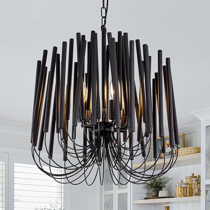 TOCHIC Modern Farmhouse Chandelier for Dining Room 18", Small Vintage Black Wood Chandeliers Light for Living Room, Rustic Pendant Lighting Fixture Ceiling Hanging for Foyer Bedroom Entryway