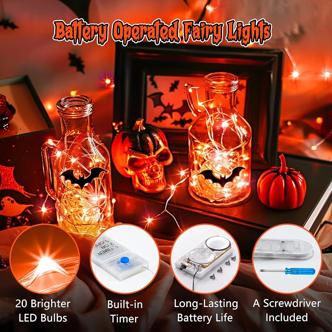 Minetom 6 Pack Orange Fairy Lights for Halloween Decor | 7ft 20 LED, Battery Operated, Waterproof Short Micro Firefly Lights for Pumpkin DIY Craft Paper Lantern Decor
