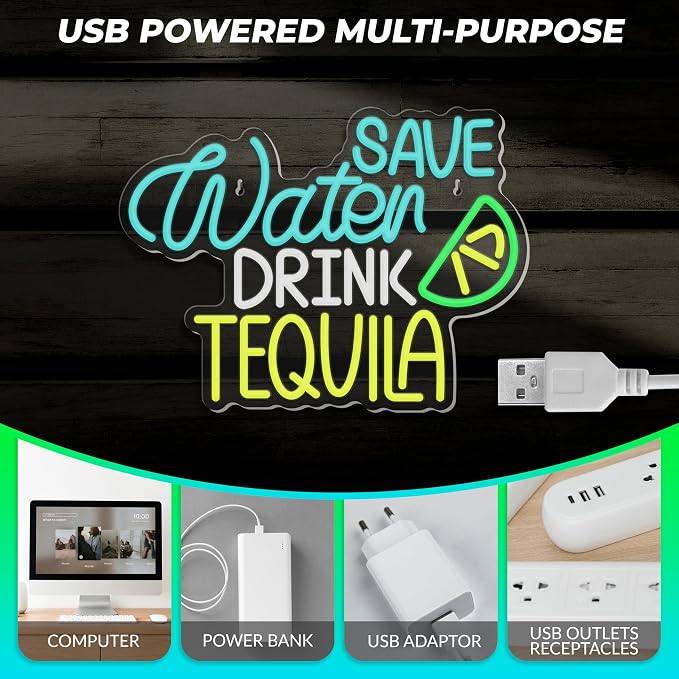Save Water Drink Tequila Neon Sign Dimmable Tequila Party Led Neon Sign Bar Neon Light up Sign for Home Beer Bar Bedroom Restaurant Man Cave Bistro Club Party Decorations Christmas Birthday Gift