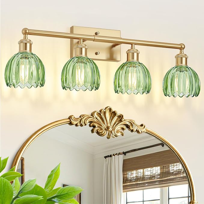 4 Light Vanity Lights for Bathroom, 27.2 in Brushed Brass Gold Bathroom Vanity Lights Over Mirror,Wall-Mounted Bath Room Lighting Fixtures with Green Tulip Glass Shade for Bedroom Living Room