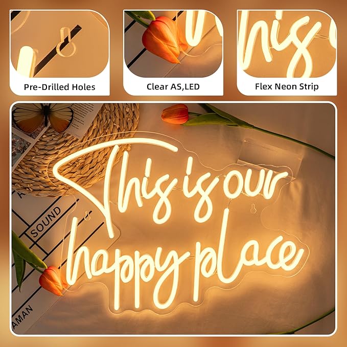 NOSUN This is Our Happy Place Neon Sign Happy Place Neon Signs for Wall Decor Dimmable Warm White LED Signs for Bedroom Classroom Man Cave Home Bar Birthday Party Game Zone Decor Neon Classroom Sign