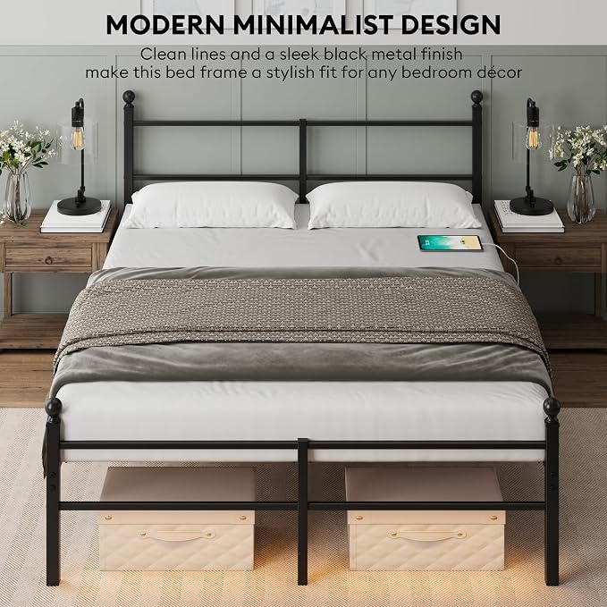 Full Size Bed Frame with Headboard - Metal Platform Bed with LED Lights, Charging Station, Under Bed Storage and Heavy Duty Steel Slats Support - No Box Spring Needed, Easy Assembly, Black