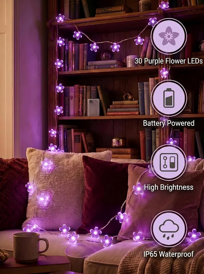 Flower Battery Operated Indoor String Lights 30L Cherry Blossom Fairy Light | Waterproof Outdoor Garden Party Camping Birthday Wedding Room Purple
