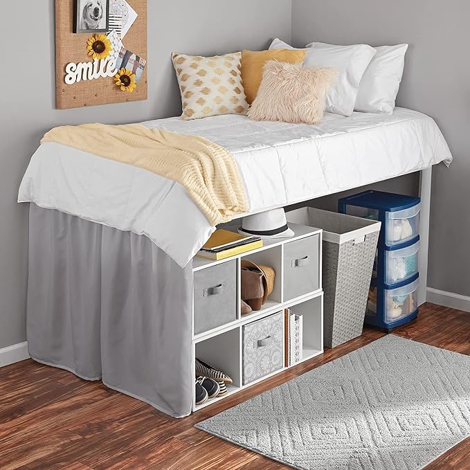 Shreem Linen Dorm Bed Skirt Twin XL, 46 Inch-Drop, 100% Microfiber Extra Long Bedskirt, Light Grey