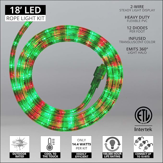 Wintergreen Lighting 18' Red and Green LED Rope Light, Christmas Outdoor Light Décor - Outdoor Rope Lights LED Rope Lighting, 120V, ½ Inch, 2-Wire