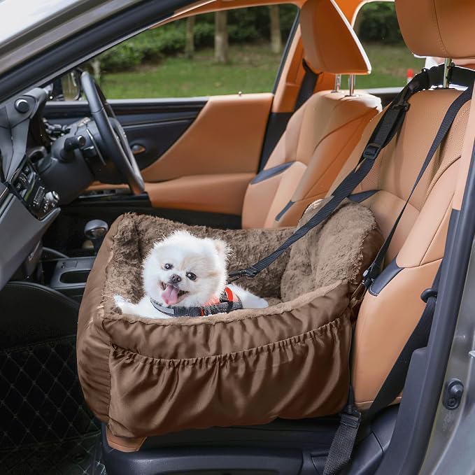 Oiilores Dog Car Seat for Small Dogs, Washable Pet Booster Seats with Clip-On Safety Leash, Comfy Deluxe Plush Carseat with Storage Pockets, Puppy Car Travel Carrier Bed for Dogs Under 25 lbs, Brown