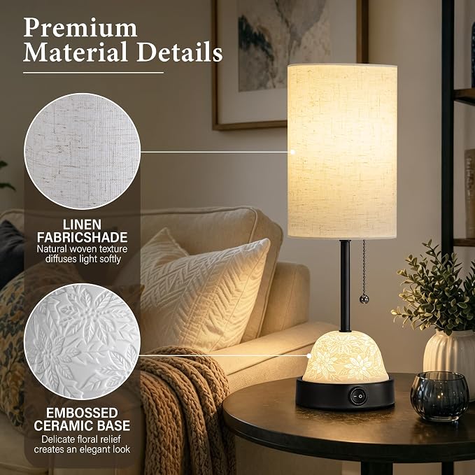 Table Lamp for Bedroom, Dual Light Nightstand Lamp with Fabric Shade & Ceramic Carved Night Light Base, Individual Controls Bedside Lamp for Living Room, 8W LED Bulb Included