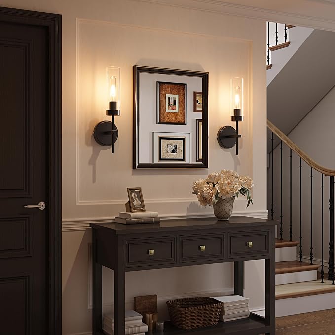 Black Battery Operated Wall Sconce Set of 2, Wireless Wall Sconces with Remote Control, Rechargeable 3000K Dimmable Wall Light for Bedroom Living Room Bathroom Hallway Entryway Stairwell
