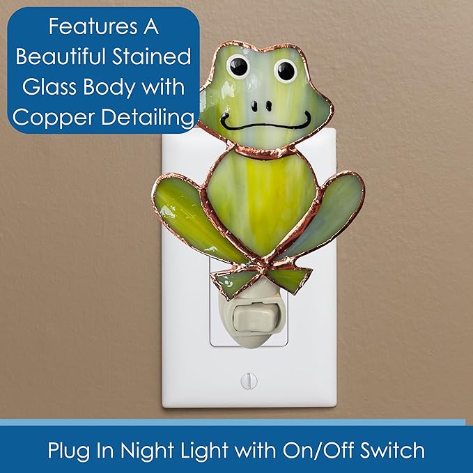 Gift Essentials Green Frog Plug in Night Light - Stained Glass Nightlight with On/Off Rocker Switch - Includes One 4 Watt Replaceable Incandescent Warm Glow Bulb