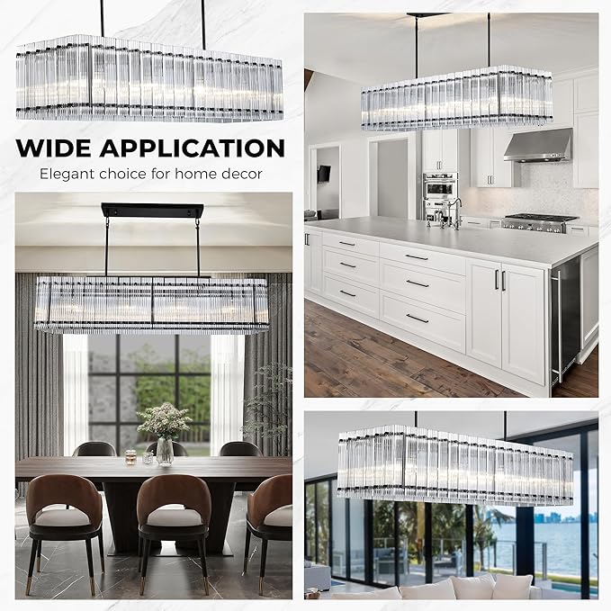 IKK Modern Rectangle Black Chandeliers for Dining Room, 40" Ribbed Glass Island Light Fixture, Linear Farmhouse Lighting with Adjustable Height for Kitchen Island, Living Room