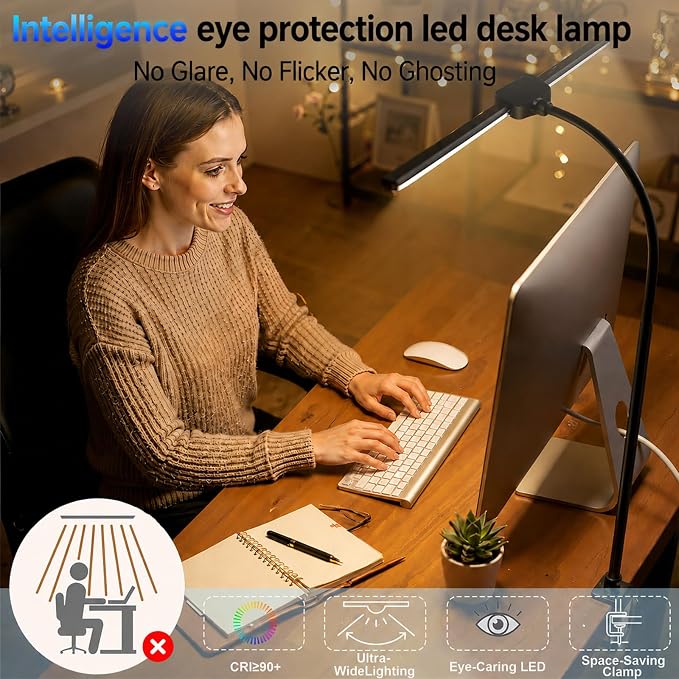 LED Desk Lamp for Home Office, Eye-Care Architect Light with Clamp, Double Head Computer Monitor Table Light with 3 Color Modes 10 Brightness, Adjustable for Reading, Study, Workbench, Black