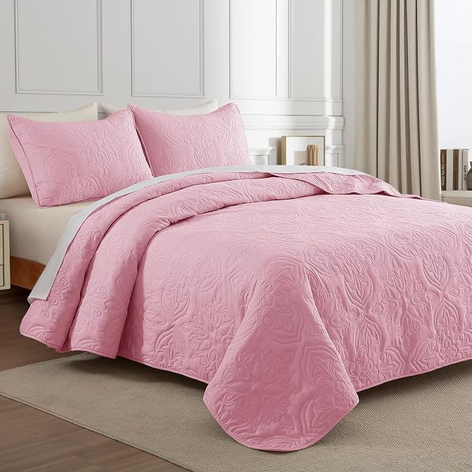 Whale Flotilla Queen Quilt Bedding Set Vintage Damask Reversible Bedspread | Suitable for Bed, 3 Pieces Pink Lightweight Breathable Quilts Queen Size, Ultrasonic Coverlet Bed Cover with 2 Pillow Shams
