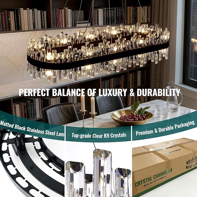 Siljoy Rectangle Black Crystal Chandelier, 20-Light Modern Rectangular K9 Crystal Raindrop Chandelier, Luxury Dimmable Crystal Ceiling Light for Living Dining Room Kitchen Entryway Foyer L52''